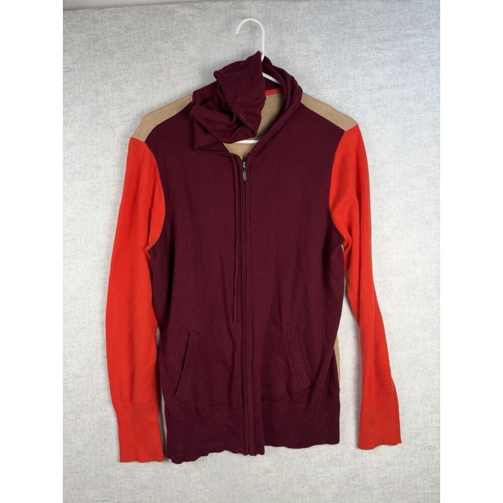 JCP Cashmere Blend Colorblock Zip Up Hoodie Sweater Orange Burgundy Size Large